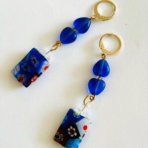 Blue hearts earrings with lamp work beads and lever back, new